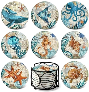 Sous-verres en céramique absorbants très demandés, 4 pouces de diamètre, ronds, absorbant l'eau, séchage rapide, tortue de mer, océan - Product Image 1