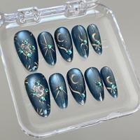 Ongles press-on 3D vert et or avec strass, faux ongles stiletto nude de luxe avec décorations en cristal, faux ongles faits main sur mesure