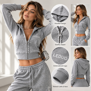 Custom <b>Women</b>’s Two-<b>Piece</b> Tracksuit Set Zip Up Hoodie Crop Top Wide Leg Sweatpants Casual Sport Activewear <b>Outfits</b> Two <b>Piece</b> - Product Image 2