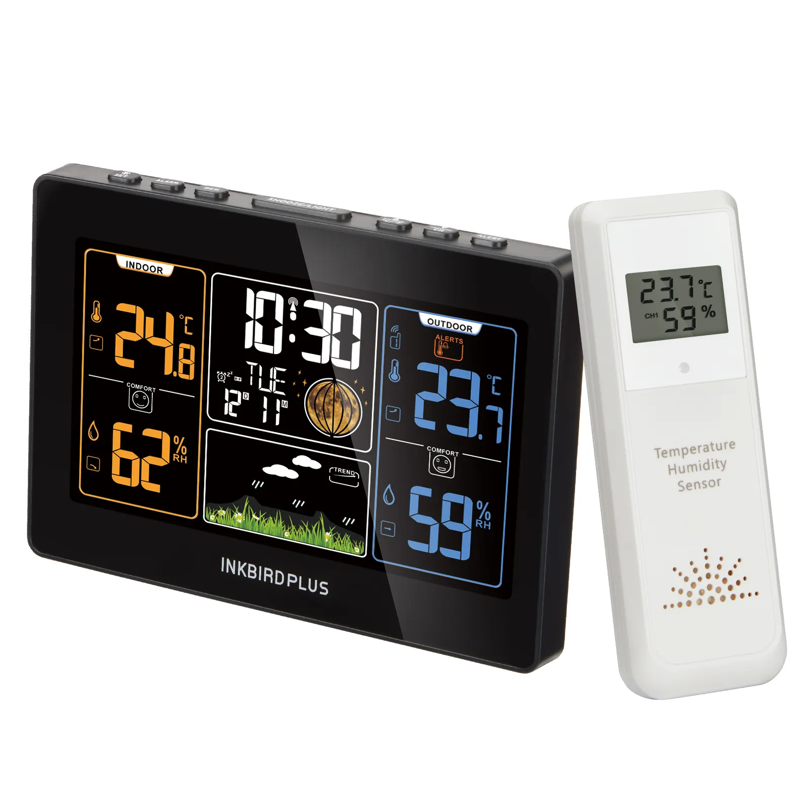 INKBIRD Termometer Warna Digital Evertop, Sensor Kelembaban Nirkabel Stasiun Cuaca Jam dengan Pengisian Daya USB