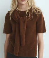 Pull en laine mélangée à manches courtes pour femmes-Pull coupe droite à col rond pour dames