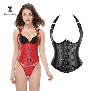 Faux shiny Leather Vest Style 12 Steel Boned Women Outfit corset waist trainer Bustier top neck belt