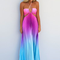 Robe plissée ombrée à découpes et col halter pour femme, sexy, dégradée, sans manches, fluide, style bohème, pour la plage, les vacances, les stations balnéaires, été 2026