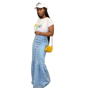 91211-MX22 sehe फैशन ruffles डिजाइन लंबी डेनिम स्कर्ट के लिए लड़कियों