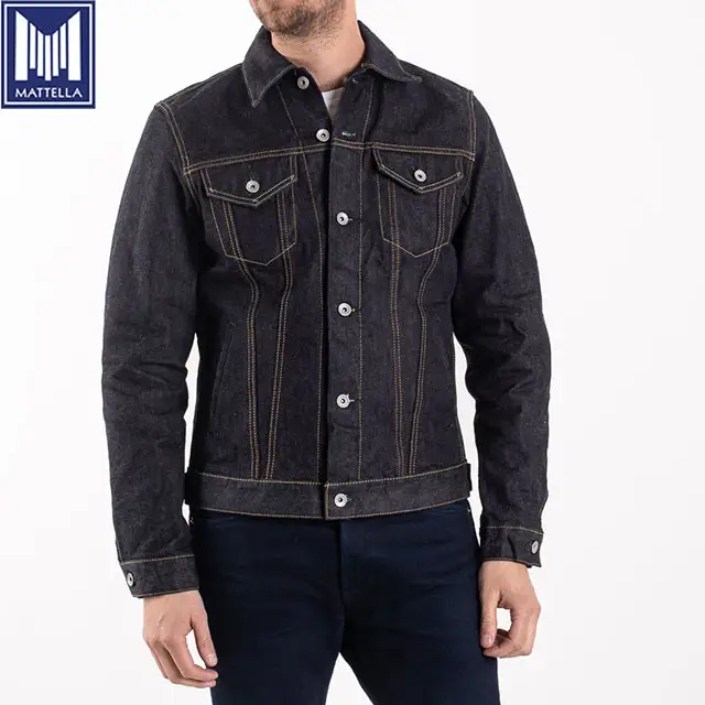 Jaket Trucker Denim Tepi Selvedge 17 Oz, Jaket Trucker Motor Hati Besi Tipe Modifikasi Katun Vintage Tradisional 100%