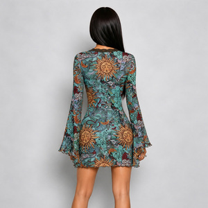 Robe moulante courte pour femme, style bohème, imprimé floral, en mousseline de soie, avec bordure en dentelle, manches longues, col en V, avec superposition transparente, pour soirée ou tenue décontractée - Product Image 3
