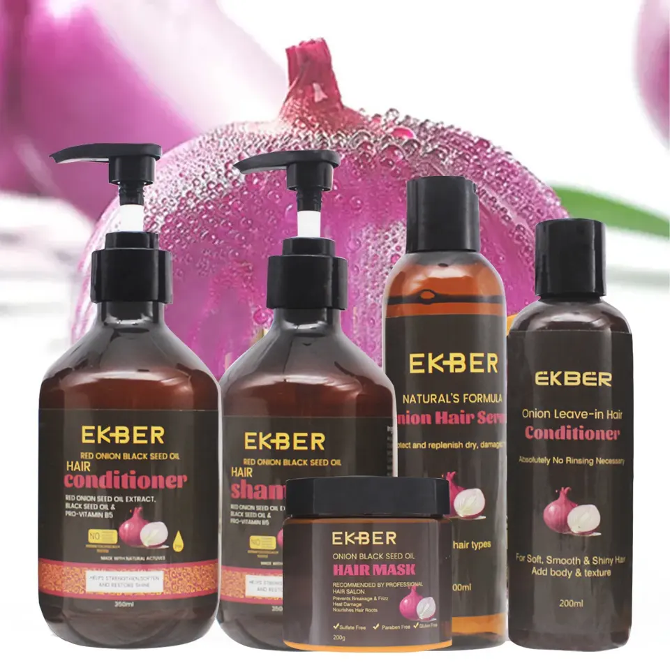 Vente en gros, Kit de shampooing à oignon rouge, produits pour cheveux bouclés pour cheveux noirs, ajout d'huile marocaine avec après-shampoing, sérum de traitement des cheveux