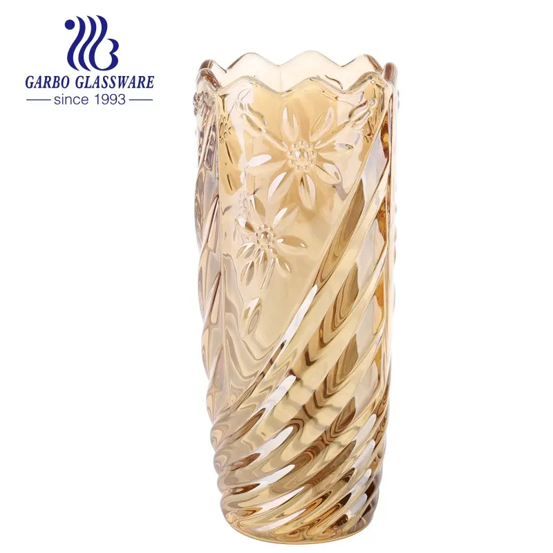 Golden Brown Glass Vase Classic Flower Design Thick Base Vase for Home Hotel Use Electroplated Hot Selling Vase Home Decoration