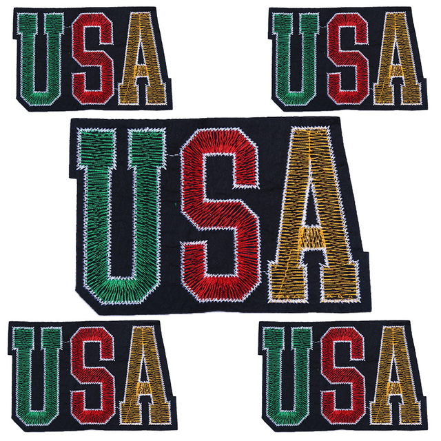 USA Letter Embroidery Patch Iron on Varsity Alphabet Applique Red Green Gold Chenille Style for Jackets Bags Clothing