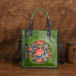 Ando <b>Bag</b> Genuine Leather Handbag <b>Women</b> Vintage Floral Embossed Top Handle Crossbody <b>Bag</b> with Tassel - Product Image 2
