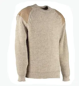 HBS34 Beige Khaki sand vintage classic men sweater with patched on shoulder and elbow