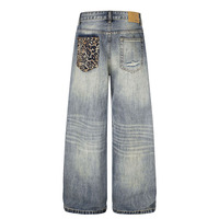Celana Pria dan Wanita Gaya High Street Trendy Motif Leopard Patchwork Desain Distressed Jeans Streetwear Pria Model Longgar