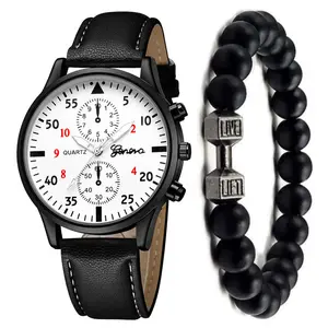 Conjunto de relógio de pulso analógico de couro PU para homens, relógio esportivo de quartzo com pulseira trançada com miçangas vintage
