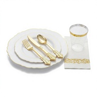 Assiettes, gobelets et couverts jetables pour mariages, fêtes et pique-niques – Assiettes en plastique blanches à bord doré, écologiques, robustes, modernes et luxueuses