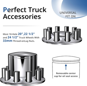 Ensemble complet de caches d'essieu chromés de <span class=keywords><strong>33</strong></span> mm pour roues de semi-remorque, comprend des enjoliveurs de moyeu amovibles et des caches d'écrous de roue à visser, état neuf - Product Image 3