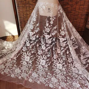 Rayon malzeme beyaz örgü nakış kumaş dantel büyük çiçek yaprakları payetler düğün elbisesi gelin dantel kumaş