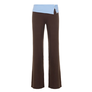 Comfy Breathable Low Paperbag Waist Solid Color <b>Pants</b> with Side Slit Casual <b>Summer</b> Fold-Over Trousers for Women - Product Image 6