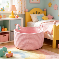 Grand panier de rangement ovale en corde de coton fait main, pliable, écologique, moderne, de haute qualité, personnalisable, avec motif oreilles de chat de dessin animé