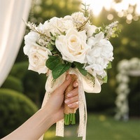Bouquet de mariée artificiel, roses blanches crème, pivoines, style rustique bohème, bouquet de mariage, fleurs en soie, ruban décoratif