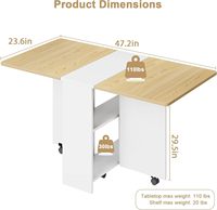 Table à manger moderne OEM personnalisée à 6 roues avec plateau rabattable, étagère de rangement à 2 niveaux, design carré pliable et peu encombrant pour
