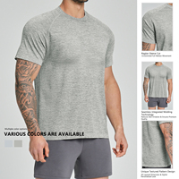 T-shirt pour homme à manches raglan, séchage rapide, coupe ajustée, gris chiné uni, col rond, design vierge, mouvements libres, idéal pour la gym