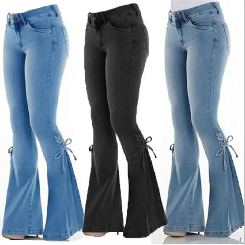 Сезон осень; Модные женские повседневные Высокие эластичные брюки-клеш для девочек джинсовые брюки с бантом; Большие размеры женские джинсы с высокой талией джинсы