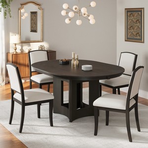 Modern Adjustable Wood Dining <b>Table</b> Set 5-Piece with 4 Upholstered Chairs 16-Inch Removable Leaf Compact Design for <b>Small</b> Spaces - Product Image 1