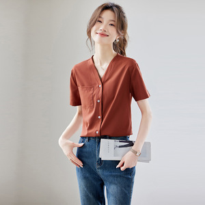 Purple V-neck Chiffon Blouse Women Short Sleeve Lightweight Office Shirt Solid Color Breathable Summer Top - Product Image 3