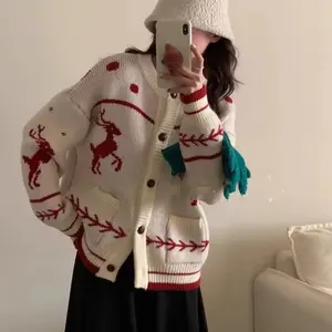CIS Cardigan Sweater Herstellung Großhandel Jacquard Anime Design Weihnachts mäntel für Frauen o Hals rot und weiß Knopf Strickwaren