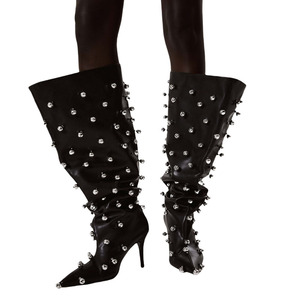 Women Metal Studs Denim <b>Shoes</b> High Heels Pointed Toe Stiletto Knee High Boots Top Wide Pleated Upper Long Booties - Product Image 3