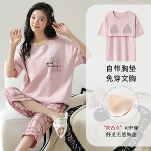 Il pigiama da donna è dotato di materassino 2025 nuovi pantaloni corti estivi a maniche corte girocollo semplice abito da casa - Product Image 4