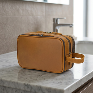 Trousse de Toilette en Cuir Véritable Taille Moyenne, Fermeture Éclair Vintage, Étui Cosmétique Durable pour Voyage - Product Image 1