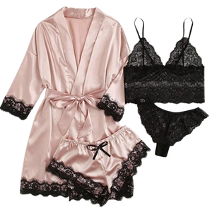 Luxury Silk <strong>Satin</strong> Pajamas Women Set 4pcs <strong>Lace</strong> Bridal <strong>Robe</strong> Sleeping Dress Silk Pajama Set For Women Sleepwear Sexy - Product Image 3