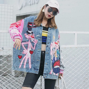 Giacche in Denim da Donna con <span class=keywords><strong>Motivi</strong></span> Cartoon Ricamati, Stile Casual Streetwear, Colore <span class=keywords><strong>Rosa</strong></span>, con Maniche in Tessuto - Product Image 3