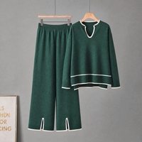 Ensemble deux pièces pour femmes, pull en tricot à col en V à manches longues, pantalon large à fentes, tenue décontractée deux pièces, 2 pièces pour femmes