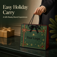 Sac cadeau en papier vert foncé pour Noël avec poignée en corde noire, imprimé doré pour les fêtes, logo personnalisé pour vêtements, vente en gros OEM