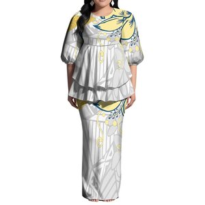Abito Puletasi Bianco Personalizzato per Donna, Stampa Samoana Polinesiana, Maniche a Sbuffo, Vestito Lungo Maxi con Spacco Posteriore, Set 2 Pezzi - Product Image 1