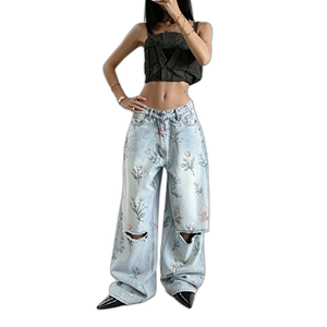 SOONREE Jeans Acampanados para Niñas con Estampado Floral, Rotos, Azul Claro, Pantalones de Mezclilla para Niños, Moda Y2K, Verano, Venta al por Mayor - Product Image 2