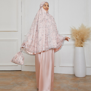 طقم دعاء نسائي محتشم من الحرير المطرز بالدانتيل الوردي اللطيف، تيليكونج ماليزي، زي صلاة إسلامي، عباية - Product Image 5