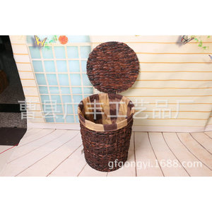 Panier à linge rond en osier fait main couleur chocolat avec couvercle, organisateur de vêtements anti-poussière, type sur pied - Product Image 1