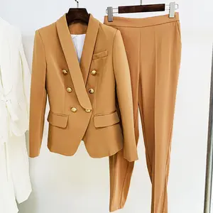 A5715 भूरे रंग के प्लस आकार महिलाओं जैकेट और लंबी पैंट दो टुकड़े सूट