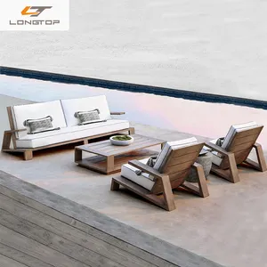 होटल सभी मौसम में आधुनिक आउटडोर आंगन सागौन लकड़ी का फर्नीचर जलरोधक कपड़ा ठोस लकड़ी का सागौन गार्डन सोफा