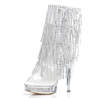 Bottines à pampilles en cristal, bout ouvert, talons aiguilles fins de 13 cm (5 pouces) avec plateforme, style sexy punk, gothique, fétiche, pour scène et spectacle