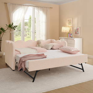 Canapé-<span class=keywords><strong>lit</strong></span> confortable à carreaux gingham avec <span class=keywords><strong>lit</strong></span> <span class=keywords><strong>gigogne</strong></span>, taille double, pas besoin de sommier, avec port USB, tissu en lin, rose - Product Image 2