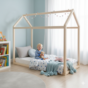 Cama Montessori con Forma de Casa para Niños Pequeños, Cama Infantil de <span class=keywords><strong>Madera</strong></span> de Pino Maciza con Techo, Cama Baja para Niños, Muebles para Guardería - Product Image 2
