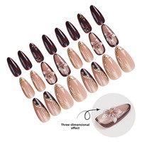24 faux ongles en acrylique faits à la main, forme amande, couvrance totale, design circulaire 3D, luxe, motif écaille de tortue Maillard