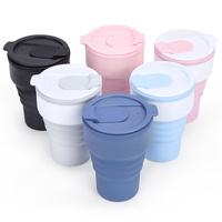 Hot Selling tragbare faltbare umwelt freundliche zusammen klappbare 375ml Reise Kaffeetasse Silikon Kaffeetasse Tasse mit Deckel