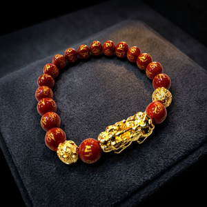 Bracelet Feng Shui Pixiu en or, perles rouges faites à la main avec inscription dorée, porte-bonheur pour la richesse et la prospérité - Product Image 1