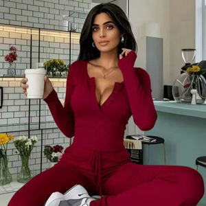 纯色夏季时尚休闲套装长袖上衣搭配高腰抽绳裤两件套大号XXL - Product Image 1