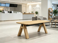 Table basse rectangulaire arrondie, aspect bois naturel, pieds en forme de A, table centrale moderne pour salon, meubles de maison